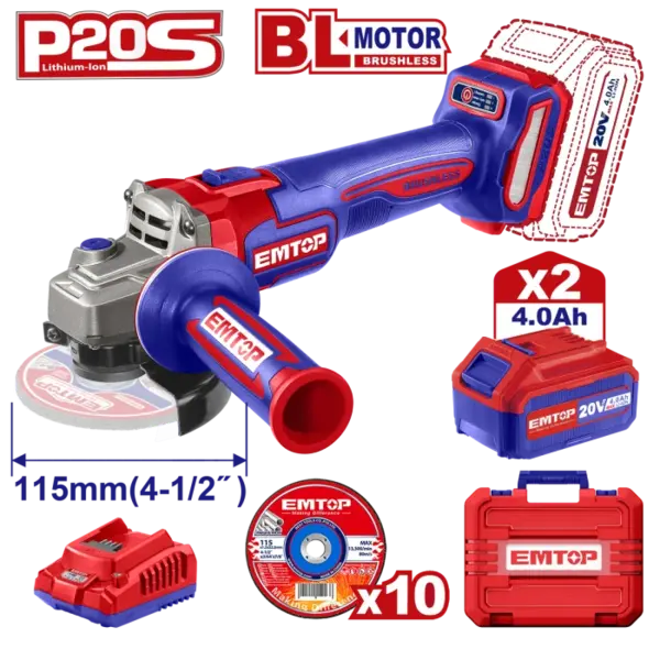 Polizor unghiular cu 2 acumulatori 4.0Ah, motor fara perii (brushless), 115mm, 10 discuri incluse - ELAG211542, EMTOP