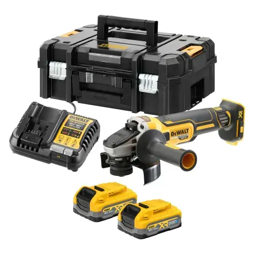 Polizor unghiular (flex) pe acumulator DeWALT DCG405S2T, 18V XR, brushless, 9000 RPM, diametru disc 125 mm, 2x acumulator Li-Ion 3.5 Ah POWERSTACK, frana electronica, ambreiaj electronic, profil ingust, deflector de praf, cutie, incarcator rapid