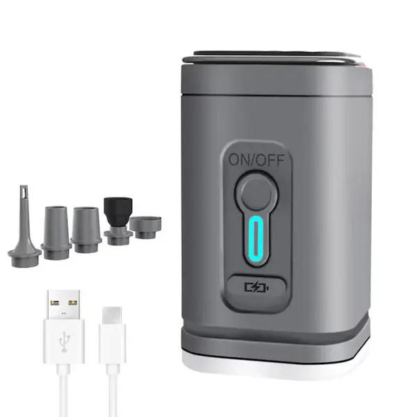 Pompa de aer electrică portabilă cu lanternă LED – 3 moduri luminoase, 5 duze, USB reîncărcabilă
