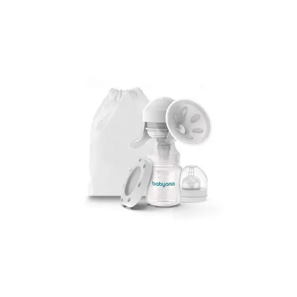 Pompa de san manuala, BabyOno, Cu biberon de 150 ml si tetina 0 luni+, Cu saculet pentru depozitare, Fara BPA, Mod silentios, Alb