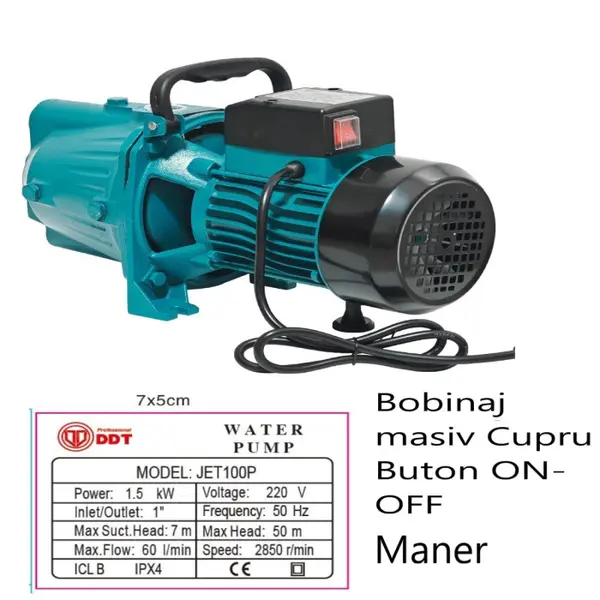 Pompa de suprafata JET100P, 1.5kW, apa curata, 60L min, 50m, 1 cu buton pornire-oprire si bobinaj masiv cupru