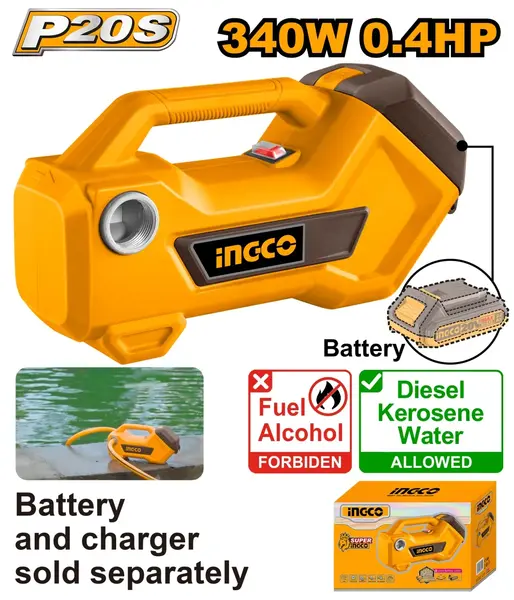 Pompa de transfer lichide 20V, 0.4HP, 48 l/min, conexiune 3/4", fara acumulator, P20S INGCO TPLI2001