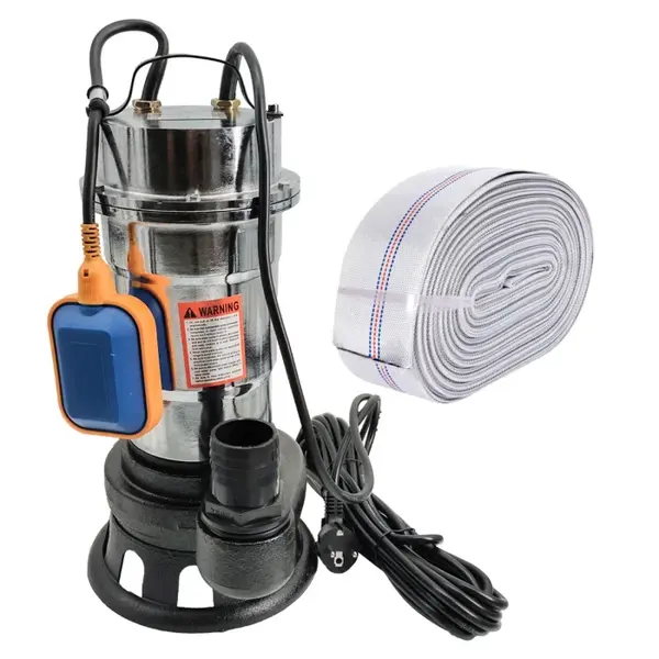 Pompa pentru apa murdara DDT , cu plutitor si tocator , 3000 W , Adancime evacuare maxim 8 Metri, corp inox+ Furtun pompier, 20 metri, 2 toli,