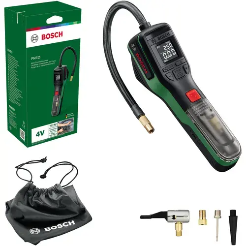 Pompa pneumatica cu acumulator Bosch PNEO 0603947500, 4 V, 3 Ah, 10 bar/150 psi presiune maxima, 1030 kPa putere maxima, 10 l/min volum, supapa, ac pentru minge, adaptor volum, cabluUSB, geanta