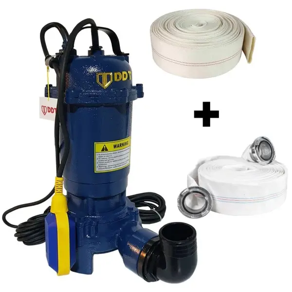 Pompa submersibila cu tocator si plutitor, DDT, WQD10, 2600W + Furtun pompier, 20 metri, 2 toli + Furtunul de pompier 2 20 m, 8 bari, cu cuple