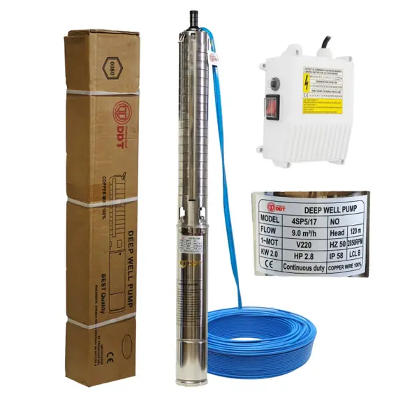 Pompa submersibila de adancime DDT 4SP5 17 , 2 kW, 3 CP, 9 m ³ h, 120 m inaltimea de refulare , 17 turbine inox, cu panou de control, rezistenta la nisip