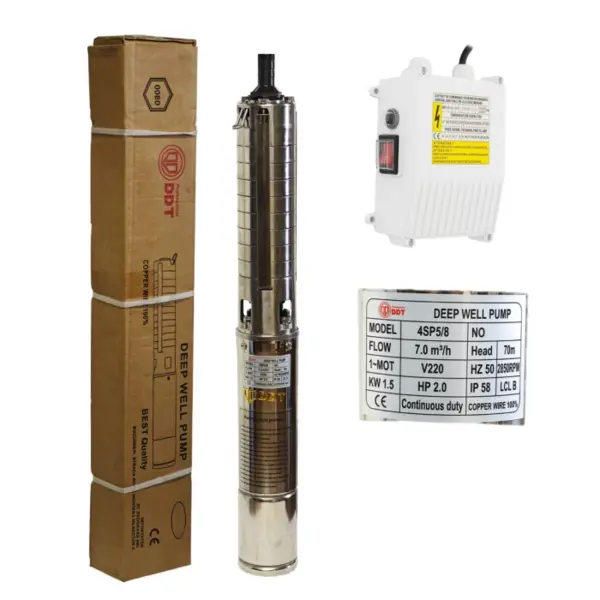 Pompa submersibila de adancime DDT 4SP5 8 , 1.5 kW, 2 CP, 7 m ³ h, 70 m inaltimea de refulare, 8 turbine inox cu panou de control, rezistenta la nisip