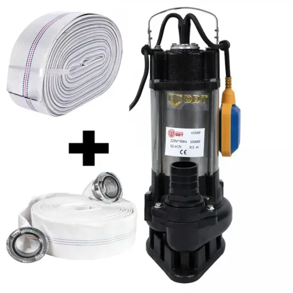 Pompa submersibila de apa murdara DDT V1500F, 1500 W, 12 mc h+ Furtun pompier, 20 metri, 2 toli + Furtunul de pompier 2 20 m, 8 bari, cu cuple