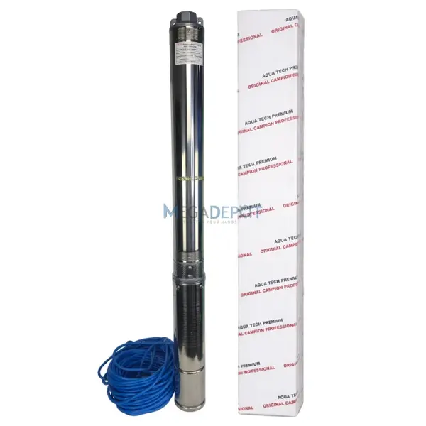 Pompa submersibila de mare adancime, Aqua Tech Premium, Inox, 16 turbine, 12mc h, H 200m, 30m cablu