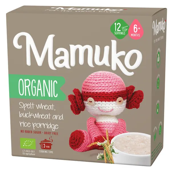 Porridge din 3 cereale spelta, hrisca si orez bio 6+ luni 200g Mamuko