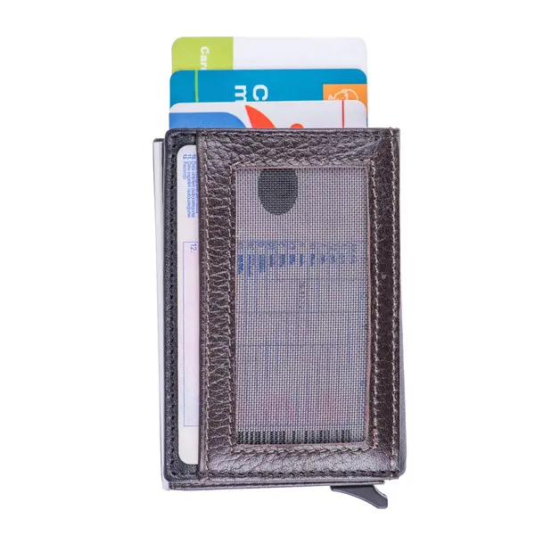 Port-card barbati din piele naturala negru-maro Contractor,protectie RFID