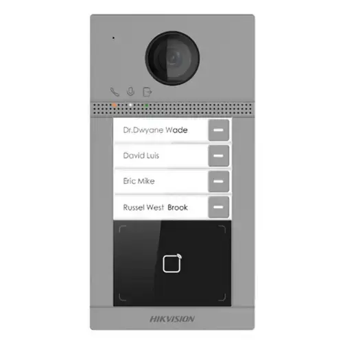 Post de exterior videointerfon IP Hikvision DS-KV8413-WME1(C); WIFI; 4 x buton de apelare( pentru o singura familie- permite apelarea a mai multor monitoare de interior); camera video 2MP True WDR ( unghi vizualizare: Horizontal: 124° Vertical: 75°)