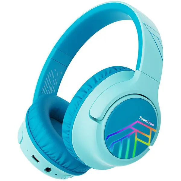 PowerLocus Casti wireless PowerLocus pentru copii, casti Bluetooth pentru copii, lumini LED peste ureche cu volum limitat de 74/85/94 dB, timp de redare 45 de ore, microfon incorporat, mod de partajare cu doua dispozitive, stereo HD pentru calato