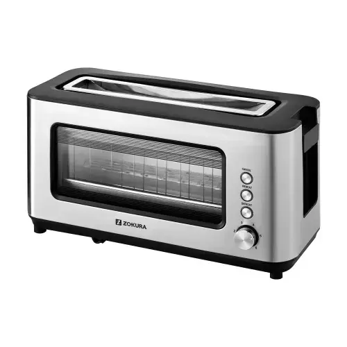 Prajitor de paine Zokura Z1237, 2 felii, Fereastra din sticla, 1200 W, 6 Trepte de prajire (Argintiu)