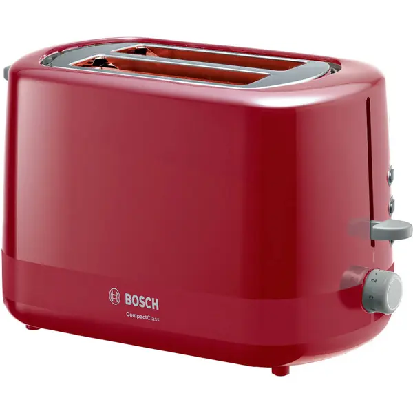 Prajitor paine Bosch TAT3A114, 800 W, 2 felii, Controlul variabil de rumenire, Senzor electronic prajire uniforma, Functie dezghetare si incalzire, Rosu