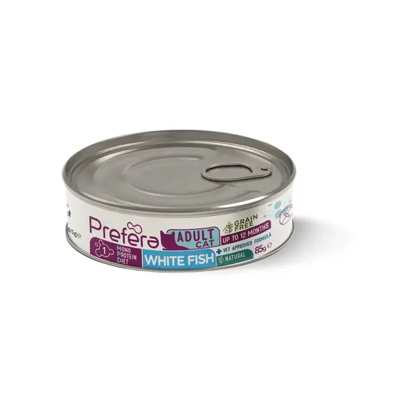 PREFERA MPD, Pește alb, dietă veterinară, conservă hrană umedă monoproteică fără cereale pisici, (în suc propriu), 85g