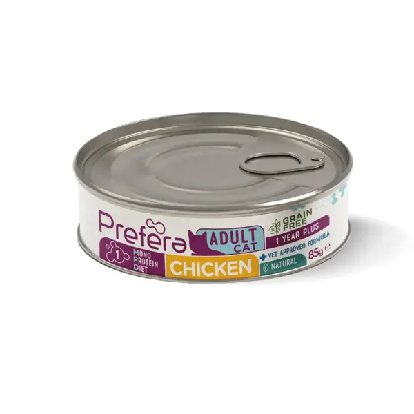 PREFERA MPD, Pui, dietă veterinară, conservă hrană umedă monoproteică fără cereale pisici, (în suc propriu), 85g