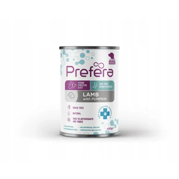 PREFERA MPD, XS-XL, Miel și dovleac, dietă veterinară, conservă hrană umedă monoproteică fără cereale câini, (în suc propriu), 400g