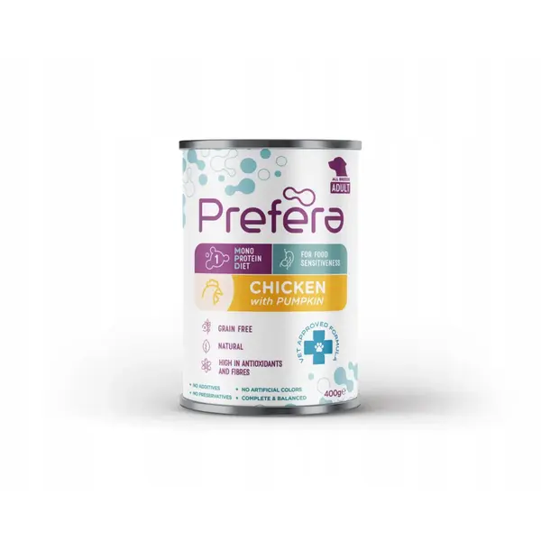 PREFERA MPD, XS-XL, Pui și dovleac, dietă veterinară, conservă hrană umedă monoproteică fără cereale câini, (în suc propriu), 400g