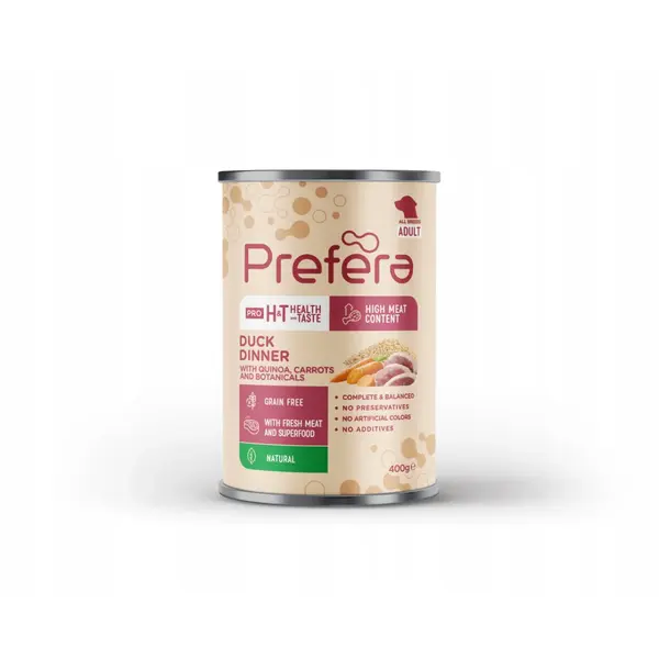 PREFERA Pro H&T Dinner, XS-XL, Rață și Quinoa, conservă hrană umedă fără cereale câini, (pate), 400g