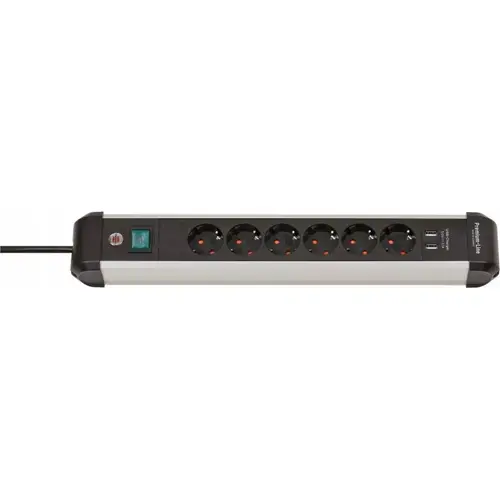 Prelungitor 6 prize Brennenstuhl, cablu 3 metri, 2xUSB 3.1A, aluminiu, Premium-line (Negru/Alb)