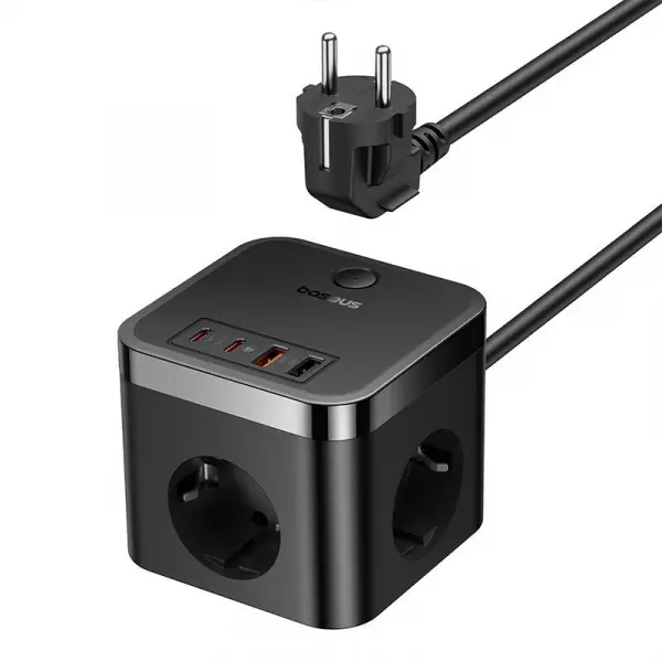 Prelungitor Baseus PowerCombo Cube, 3 x Schuko - 2 x USB-A - 2 x USB-C, Negru E00066400117-00