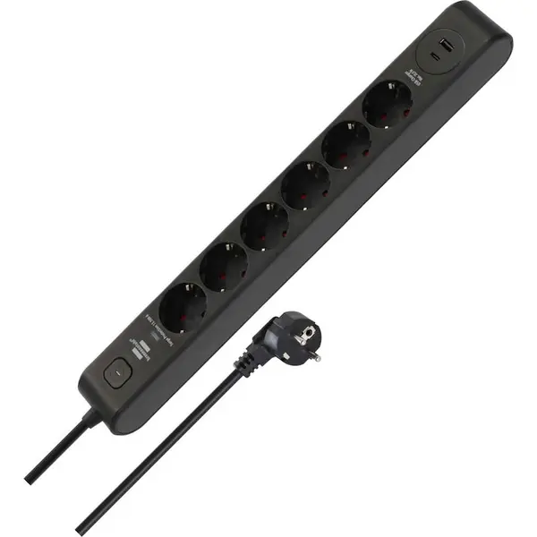 Prelungitor Brennenstuhl - Surge Protection, 6 prize , USB-C & USB-A, 2 m, negru