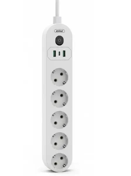 Prelungitor cu 5 prize USB intrerupator si protectie la supratensiune 2 m Andowl Q PX560