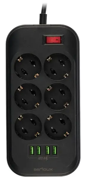 Prelungitor cu protectie Serioux SRXP-PS66B, 6 prize schuko, 4 porturi USB (5V- 3.1A)