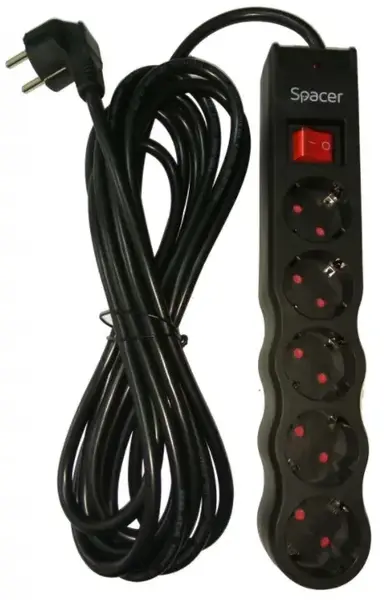 Prelungitor cu protectie Spacer Defender PP-5-18 v2, 5 prize, 1.8 m (Negru)