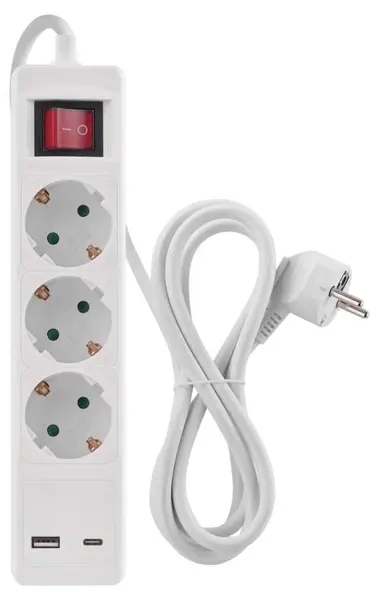 Prelungitor Emos - P1322CU, 3 prize , 1x USB-A & 1x USB-C, 2 m, alb