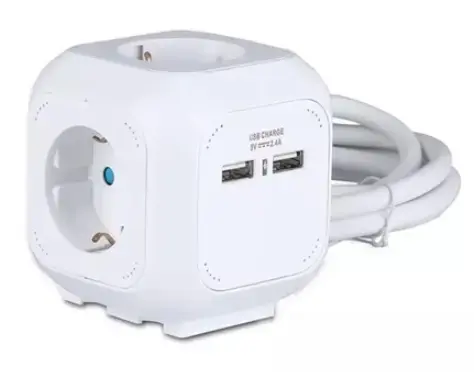 Prelungitor in forma de cub V-TAC SKU-8800, 3 x 1.5 mm2, 4 cai, 2 socluri USB de incarcare, curent maxim de 2.1 A (Alb)