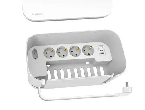 Prelungitor Logilink LPS281U, 5 prize, cutie management cabluri, 2 x USB-A, 1 x USB-C, 1.5m (Alb)