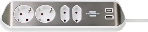 prelungitor pentru perete colt brennenstuhl estilo 4 prize, 2 usb, 3.1 a, 2m inox, adeziv inclus, argintiu-alb