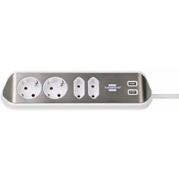 Prelungitor pentru perete/colt Brennenstuhl Estilo 4 prize, 2 USB, 3.1 A, 2m inox, adeziv inclus, argintiu-alb 1153590420