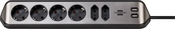 prelungitor pentru perete colt brennenstuhl estilo 6 prize, 2 usb, 3.1 a, 2m inox, adeziv inclus, argintiu-negru