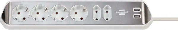 prelungitor pentru perete colt brennenstuhl estilo 6 prize, 2 usb, 3.1 a, 2m inox, adeziv inclus, argintiu-alb