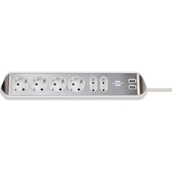 Prelungitor pentru perete/colt Brennenstuhl Estilo 6 prize, 2 USB, 3.1 A, 2m inox, adeziv inclus, argintiu-alb 1153590620