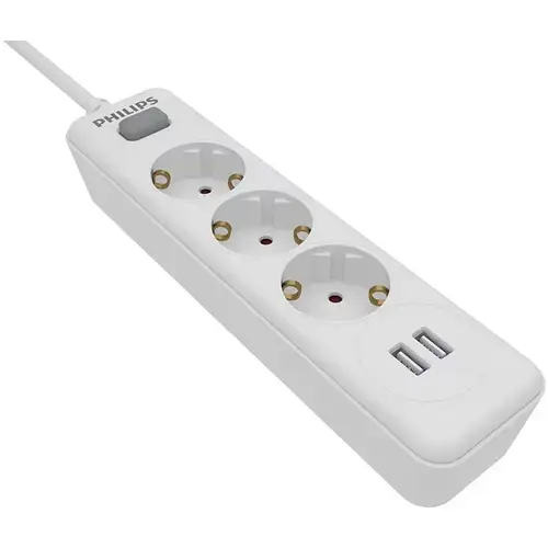 Prelungitor Philips SPN3032WA/58, cu intrerupator, protectie copii, 3 prize, x USB-A, 2 m, Alb
