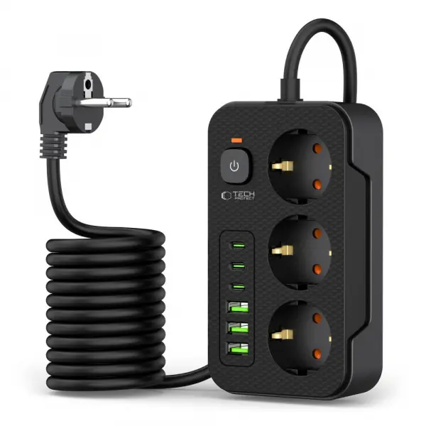 Prelungitor Tech-Protect PC3X6, 3 x Schuko, Negru