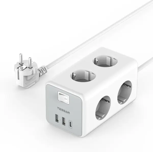 prelungitor tip cub tessan ts-306-c, 6 prize, 2 usb, 1 usb-c, 3a, cablu 2m