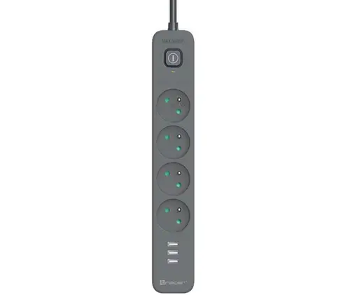 Prelungitor Tracer Power Line+, 1.5 m, 4 prize, 3 x USB-A (Negru)