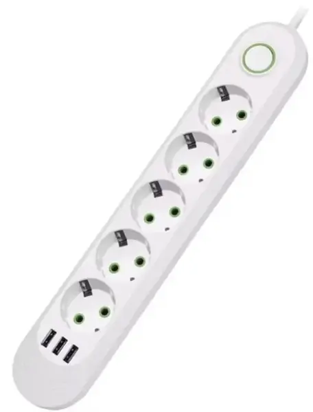 Prelungitor Universal OEM F05 Cu 5 Prize, 3 Porturi Usb, Rezistent La Caldură, 2m (Alb)