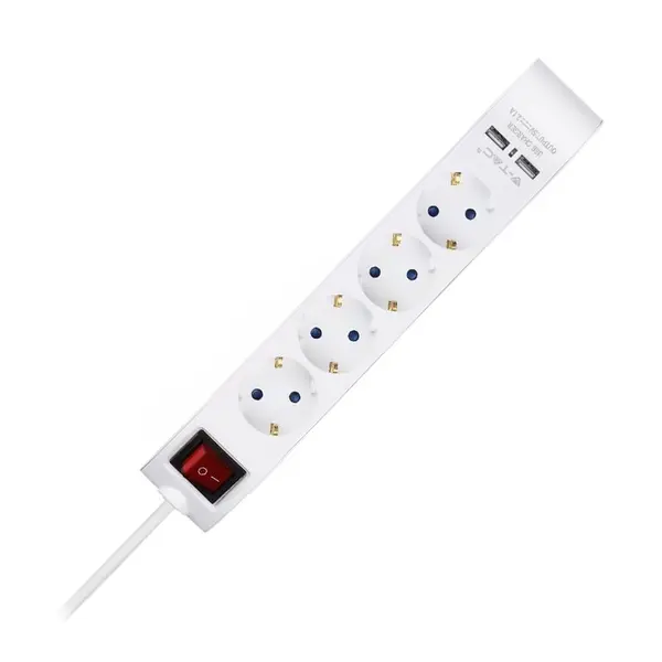 Prelungitor V-tac, 5 cai cu intrerupator si 2 porturi USB, 1.4 m, 3G1.5 mm², SKU-8808