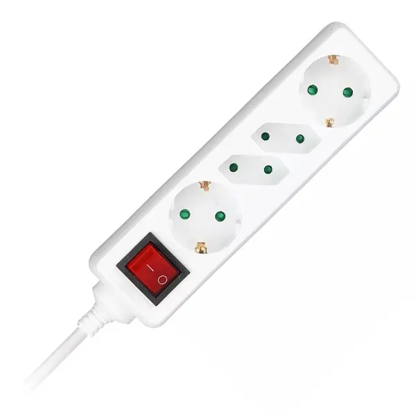 Prelungitor V-TAC cu 4 prize și întrerupător, cablu 1.5 m, 3G1.5 mm², IP20, alb, VT-1117