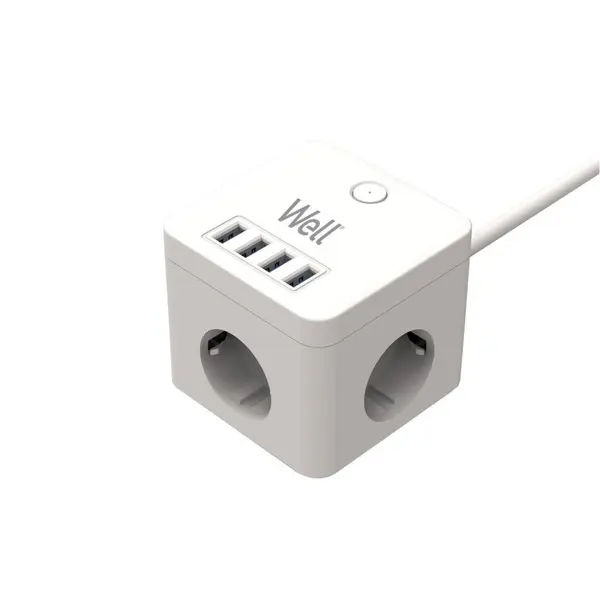 Prelungitor Well, 3 prize, 3m, 4x USB, cu protectie, cablu 3x1.5mmp