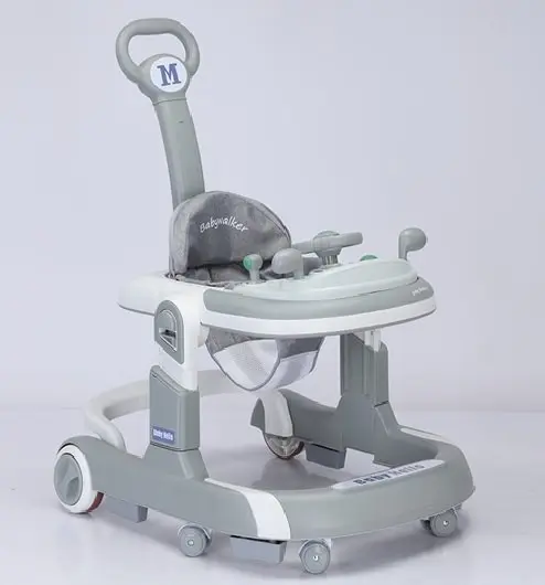 Premergator 3 in 1 pentru copii Little Mom Hello Grey pliabil, cu maner parental, cu panou muzical detasabil, cu sezut reglabil in inaltime, cu 6 roti silentioase, sistem de franare, dimensiune 74 x 60 x 86 cm