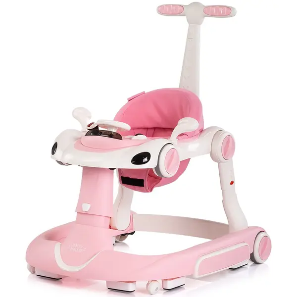 Premergator 5 in 1 pentru copii Chipolino Happy Walker Pink cu sezut ajustabil pe inaltime, maner parental detasabil, panou muzical