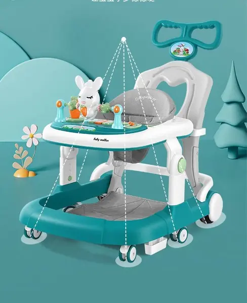 Premergator copii Little Mom Grey Rabbit, pliabil, cu maner de sustinere parental, cu perna de sezut ajustabila, panou interactiv detasabil, roti silentioase cu rotire 360 grade si sistem de franare, structura piramidala