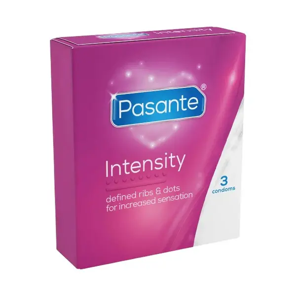 Prezervative PASANTE Ribs & Dots Intensity, texturate cu puncte și striații, diametru 52 mm, 3 bucăți